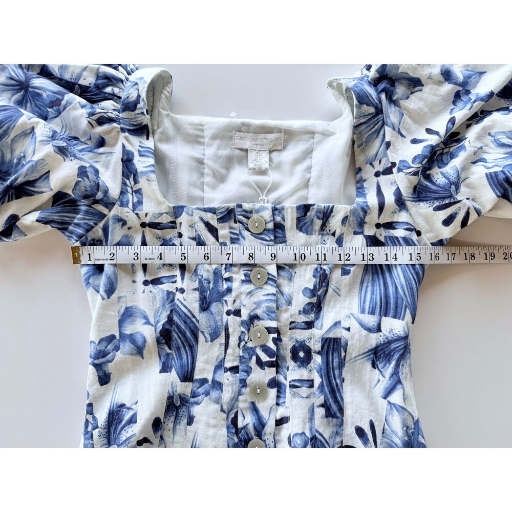 NEW Caroline Constas Button Front Hibiscus Tile Dress in Blue & White Size 4 - Picture 8 of 11